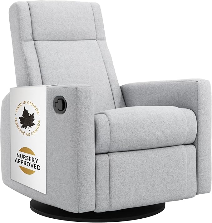 Jaymar Nelly Modern Nursery Glider Recliner Chair – Cozy Nursing Chair with 360° Swivel for New Parents, Gentle Motion, Compact Design, Lumbar Support – Made in Canada (Heather Grey/ARLO Fabric)