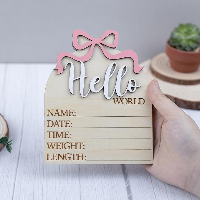 Baby Announcement Sign 6.5 Inch Wooden Hello World Newborn Welcome Sign Birth Name Plaques for Photo Props Shower Hospital Nursery (Wood Bow)