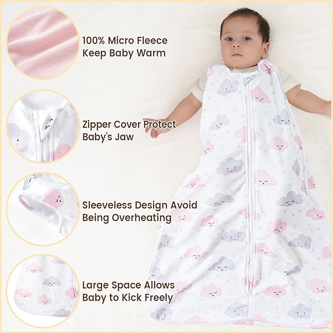 PHF 3 Pack Warm Micro-Fleece Baby Sleep Sack 18-24 Months, Soft Baby Wearable Blanket, 2-Way Zipper Sleeping Bags, Comfy Toddler Sleeping Sack for Girls, X-Large Size, Clouds