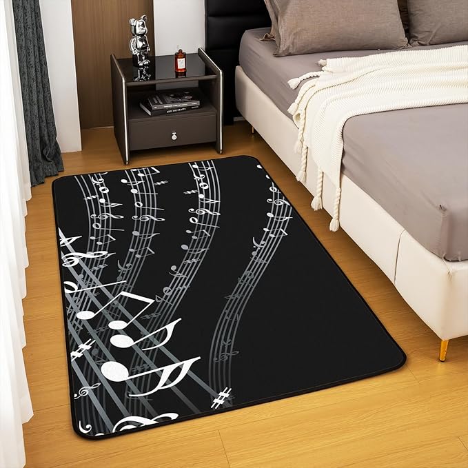 jejeloiu Musical Note Decorative Carpet Black White Music Theme Decorative Carpet Mat Decor Extra Soft Rugs for Living Room Bedroom Room Washable Area Rug 4x5s