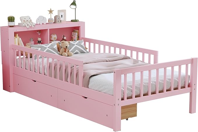 Wood Twin Size Platform Bed with Safety Fence for Kids Boys Girls, Platform Bed Frame with Practical Headboard and 2 Under-Bed Drawers, Sturdy Slats Support (Pink-3.15)