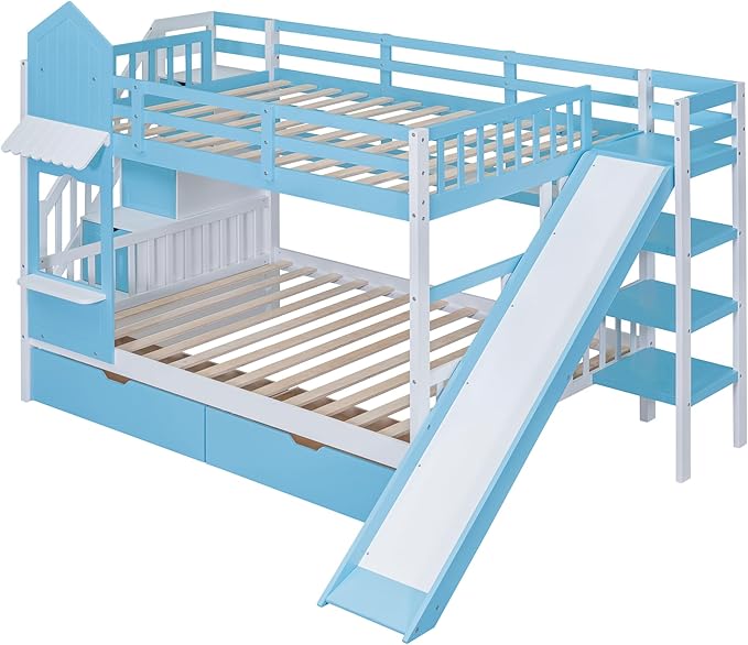 Full-Over-Full Castle Style Bunk Bed with 2 Drawers and 3 Shelves, Wood Bunk Bed Frame with Slide and Storage Staircase for Kids Teens Boys Girls Bedroom