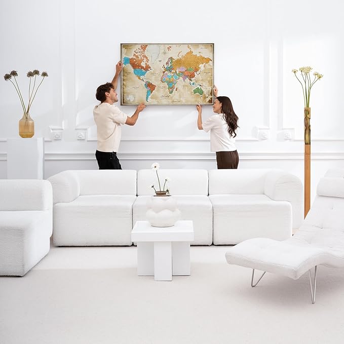Canvas World Map with Cork Pin Board - English Lettering - Decorative Wall Decoration for All Rooms - Canvas Pictures with World Map Motif (70x50 cm, Pattern 3)