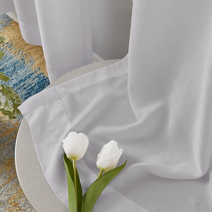 Melodieux Silver Grey Velvety Semi Sheer Curtains 96 Inch Length for Bedroom, Living Room Natural Cotton Texture Rod Pocket Window Sheer Drapes, 52 by 96 Inch (2 Panels)