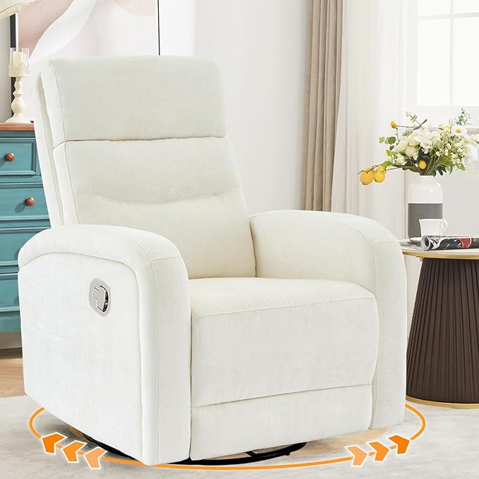 Nursery Rocking Recliners, 360° Swivel Glider Rocker Recliner with Double Pockets, Manual Nursery Glider Rocker Recliner for Living Room, Chenille White