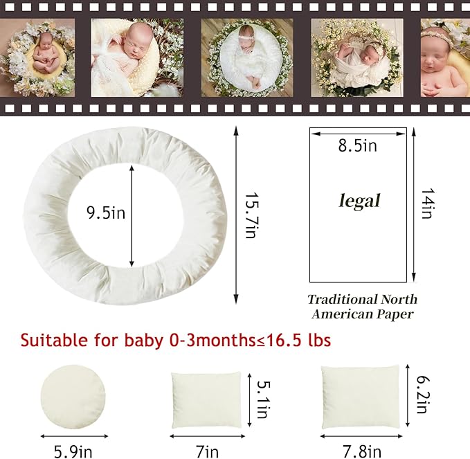 4PC Newborn Photography Props Baby Posing Aid Pillow Beans Bag 1pc Donut +3 pcs Posing Pillow Photograph Shoot Set for 0-3 Months Baby White
