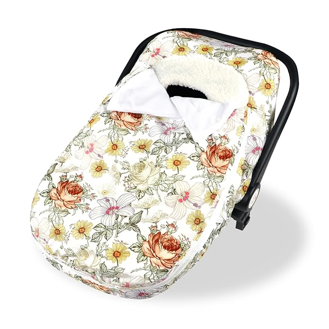 Winter Car Seat Cover for Babies Girl Boy, Super Warm Plush Fleece Infant Carseat Cover for Stroller Car Seat, Double Sides Zipper Winter Car Seat Canopy for Newborn, Yellow Vintage Floral