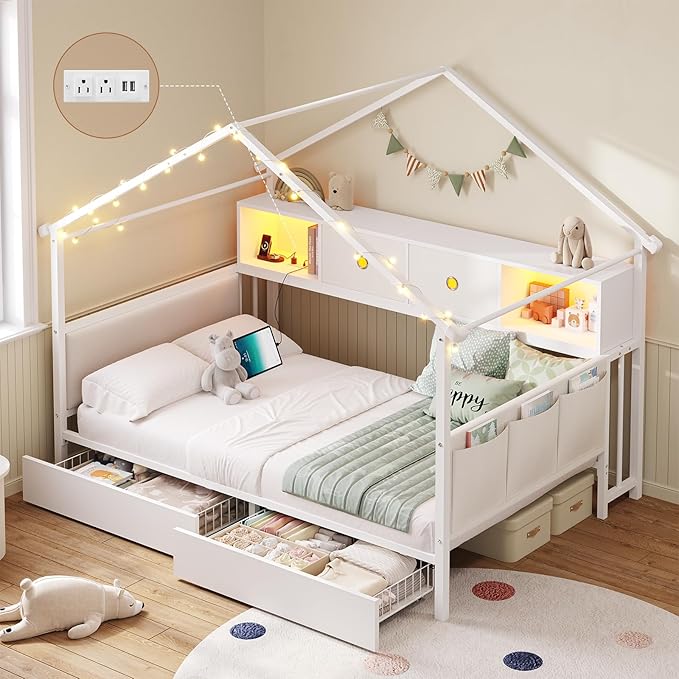 DICTAC Twin Corner Bed Frame with Storage Bookcase,Charging Station and Upholstered Headboard House Shaped Twin Size Bed Frame with 2 Storage Drawers,RGB LED and Globe Lights,Kid twin House Beds,White