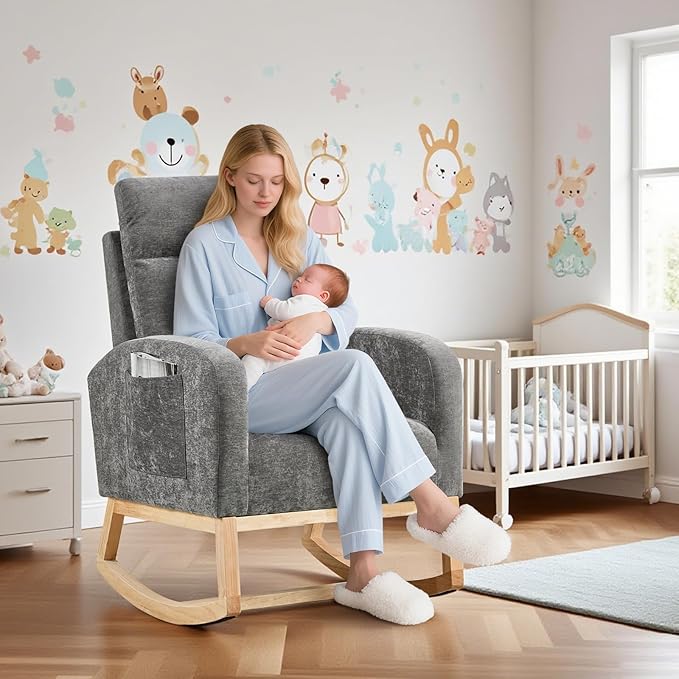 Rocking Chair Nursery, Modern Upholstered Glider Rocker with Side Pocket, Upholstered Lounge Chair with Solid Wood Base for Relaxin, for Living Room, Bedroom