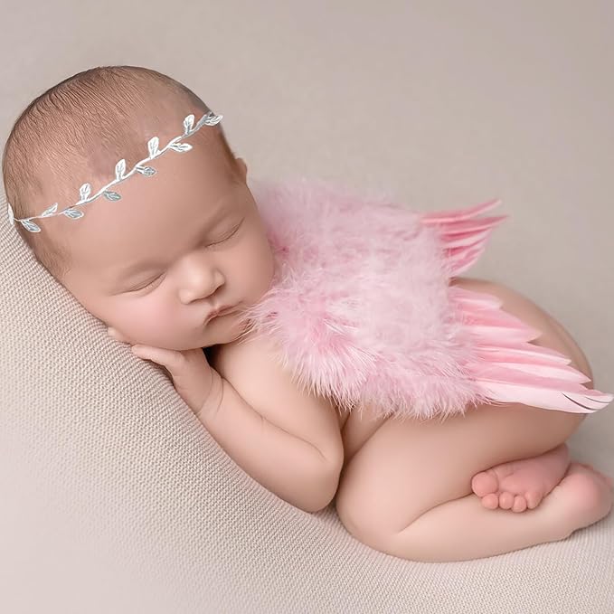 2PCS Pink Angel Wings With Leaf Headband For Newborn Infant Photo Props Soft Feather Wings For Kids Photo Outfits Baby Girls Costume(Color G, One Size)