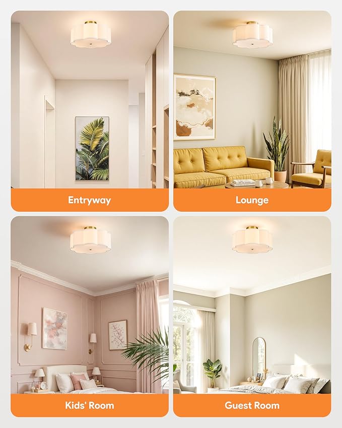 VONLUCE Semi-Flush Mount Ceiling Light, 15.7" Modern 3-Light Ceiling Light Fixture with White Petal-Shaped Shade 3 E26 Sockets for Bedroom Entryway Living Room, Gold Finish, ETL Certificated