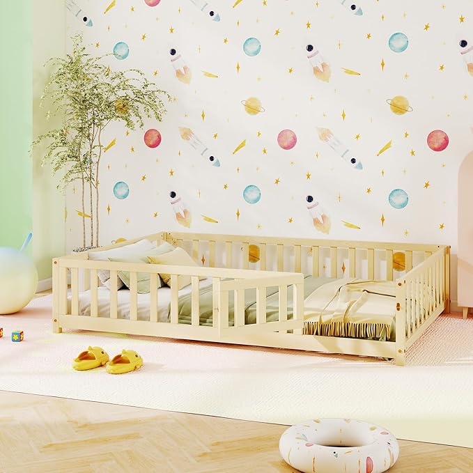 KOMFOTT Full Size Wood Floor Bed with Door & Fence, Montessori Bed Frame with Full Length Safety Guardrails, Slats Support, Door & Latch, Wooden Montessori Floor Bed, No Box Spring Needed