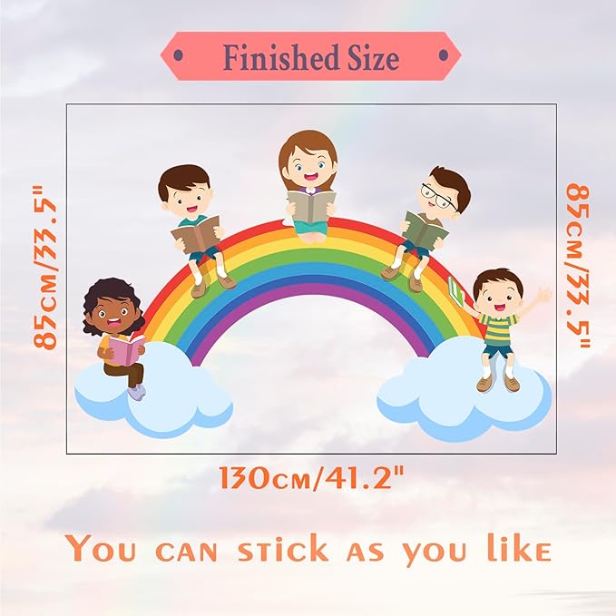 Kids Wall Decals Large Rainbow Wall Stickers for Nursery, Educational Reading Corner Decor Posters Cloudy Rainbow Student Reading Wall Art Murals for Kids Room Playroom Classroom