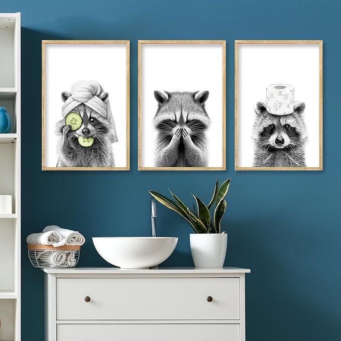 Funny Bathroom Adorable Raccoon Wall Art Decor 16x11 Inch Set Of 3 Laundry Animal Prints Wooden Framed Signs Rustic Washroom Interesting Modren Artwork Wall Hanging Deoration (Wood)