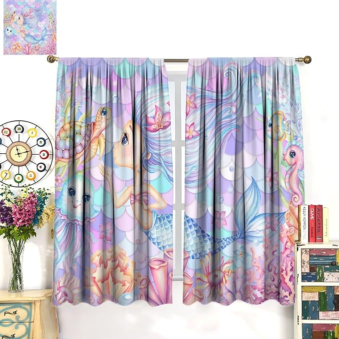 Fantasy Mermaid Curtain Dream Cartoon Marine Organisms Turtle Coral Ocean Theme Dream Blackout Window Treatment for Kids Girls Bedroom Nursery Room Decor Rod Pocket Window Drapes 52x84in