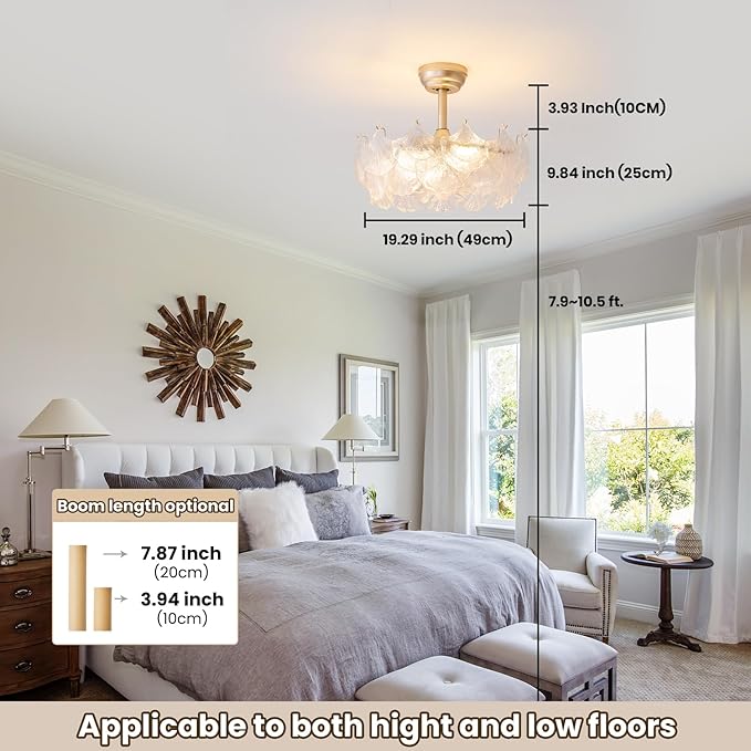 Shell Ceiling Fan with Light 20 Inch Gold Fandelier Modern Crystal Chandelier with Fan Semi Flush Mount Remote Control 6 Speeds for Girls Bedroom,Living Room