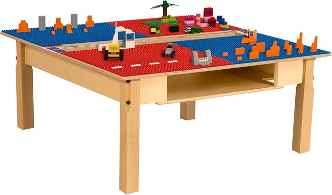 Time-2-Play Kids Montessori Lego Compatible Blocks Table with 35" Square Red and Blue Hardwood Table Top and Trough with Shelf, Children's Solid Wood Playroom Desk [14" Long Legs]