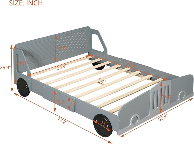 Full Size Car-Shaped Platform Bed with Wheels, Solid Wood Car Bed Frame with Strong Slatted Support for Kids Teens Boys Girls Bedroom, Fun Play Design Kids Floor Bed (Gray-WL55)