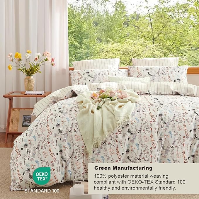 Floral Duvet Cover King 3 Pieces Aesthetic Reversible Striped Bedding Set Farmhouse Botanical Flowers Design Soft Washed Microfibre,1 Beige Duvet Cover with 2 Pillowcases