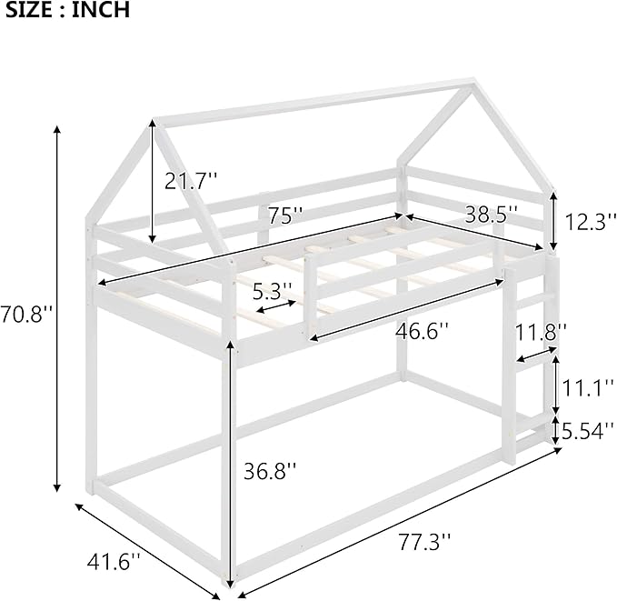 MERITLINE House Shaped Bunk Bed Twin Over Twin Size Wood Bunk Bed Frame Low Bunk Beds for Kids and Toddlers, Twin Size,White