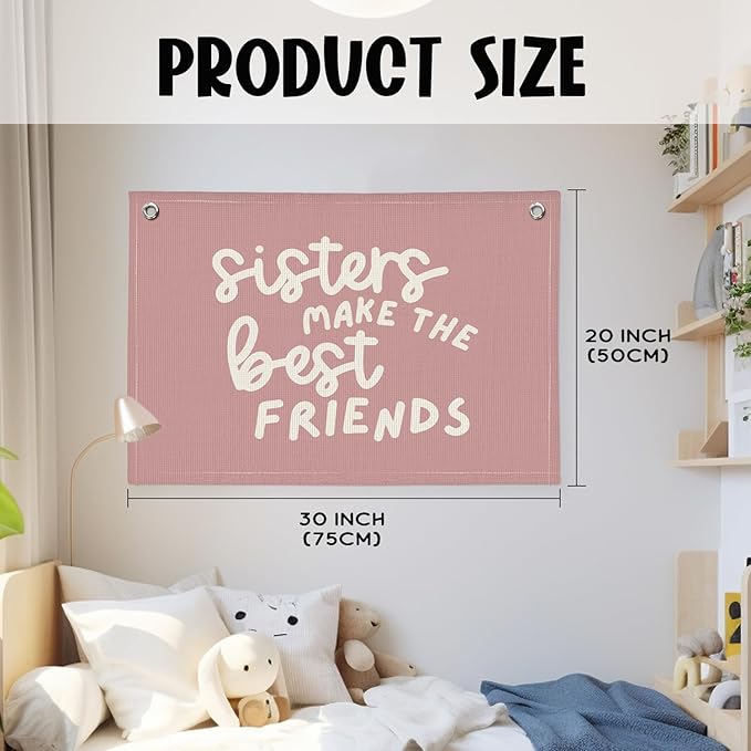 Best Friends Nursery Decor - Sister Pink Linen Banner Wall Hanging for Baby Girl Shower Gift, Toddler Bedroom & Girls Playroom 20x30 Inch
