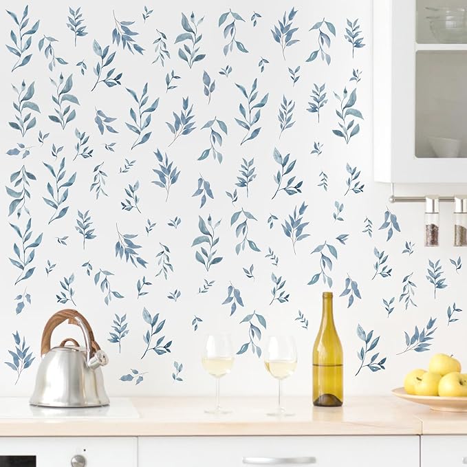 Watercolor Leaves Wall Stickers Blue Country Leaf Wall Decals Peel and Stick Small Tree Leaf Wall Stickers Removable Botanical Plant Leaves Wall Decals for Bedroom Living Room Decor