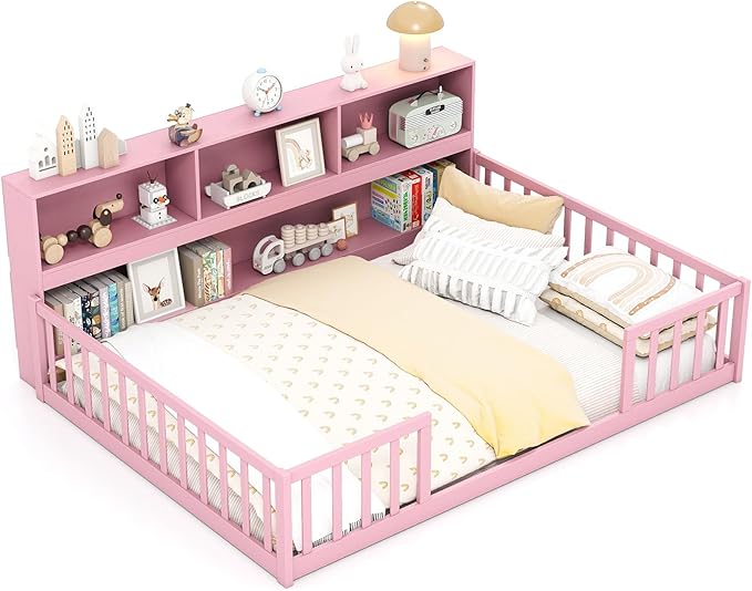 KOMFOTT Full Floor Bed with Bookcase & Shelves, Wood Bed Frame with Bedside Bookshelves & Guardrails, Versatile 2-in-1 Montessori Floor Bed for Kids (Full,Pink)