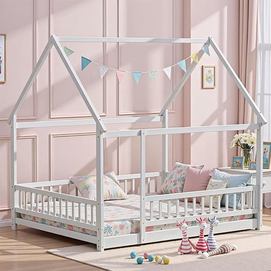 LLS Queen Size Montessori Floor Bed Frame with Slats and Fence, Wooden House Bed for Boys Girls Bedroom, White