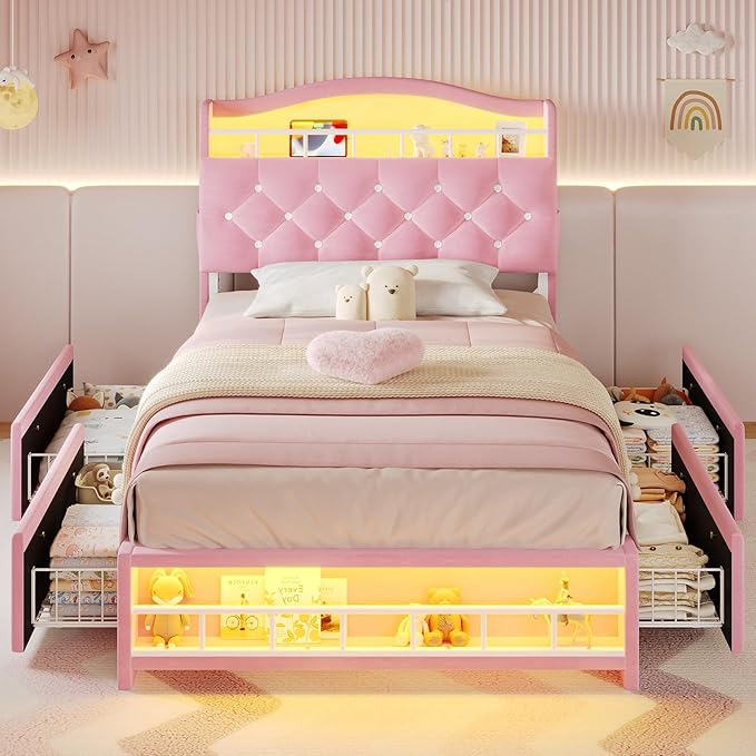 BTHFST Twin Bed Frame with Storage Headboard & 4 Drawers, Girl Upholstered Storage Bed with LED Lights & Charging Station, No Box Spring Needed, Easy Assembly, Pink