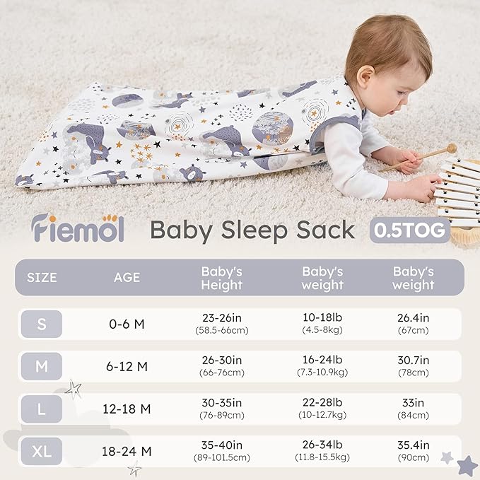 Baby Sleep Sack 6-12 months, 100% Cotton Sleeping Sack for Newborn and Infant, 3 Pack Baby Wearable Blanket for Boy and Girl, 0.5 Tog Lightweight Double Zipper Sleep Bag Grey Moon Bear