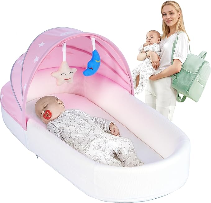 Portable Newborn Nest Lounger-Travel Bassinet,with Canopy & Mosquito Net-Lightweight Foldable Lounger Cotton Cover & Supportive Mattress Washable and Indoor-Outdoor Use (Pink)