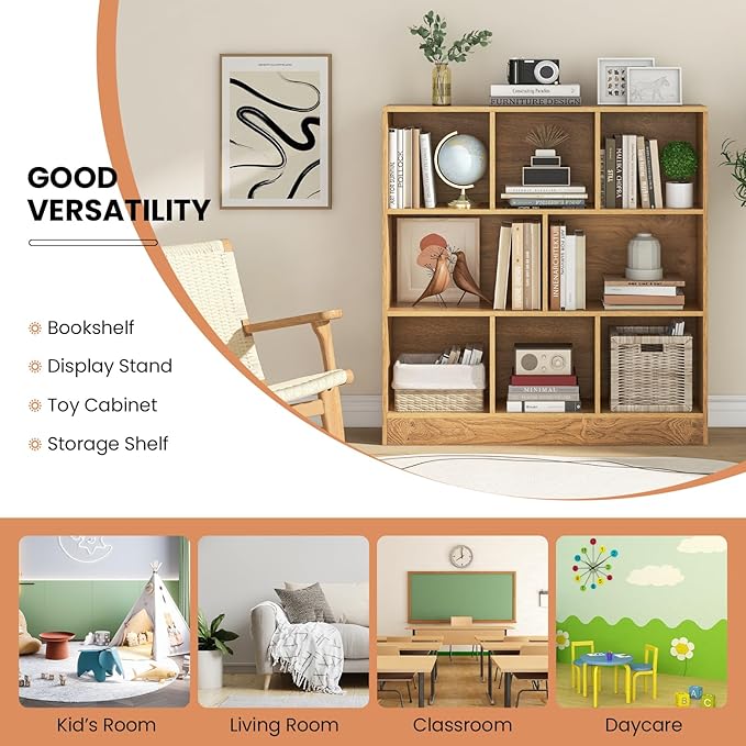 Costzon 8-Cube Bookshelf for Kids, Wooden Toy Storage Organizer w/ 2 Anti-Toppling Kits, 3 Tier Open Shelves & Non-Slip Foot Pads, Montessori Toy Shelf for Kids Rooms, Playroom, Classroom, Nursery