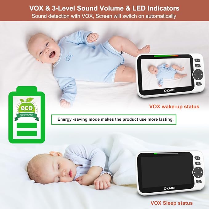 OKAIDI Video Baby Monitor with 3 Cameras, 5" Display Baby Monitor No WiFi, 30H Battery and 1000ft Range, 2-Way Talk, 8 Lullabies, Remote Pan-Tilt-Zoom Baby Camera for Baby/Pet/Elderly