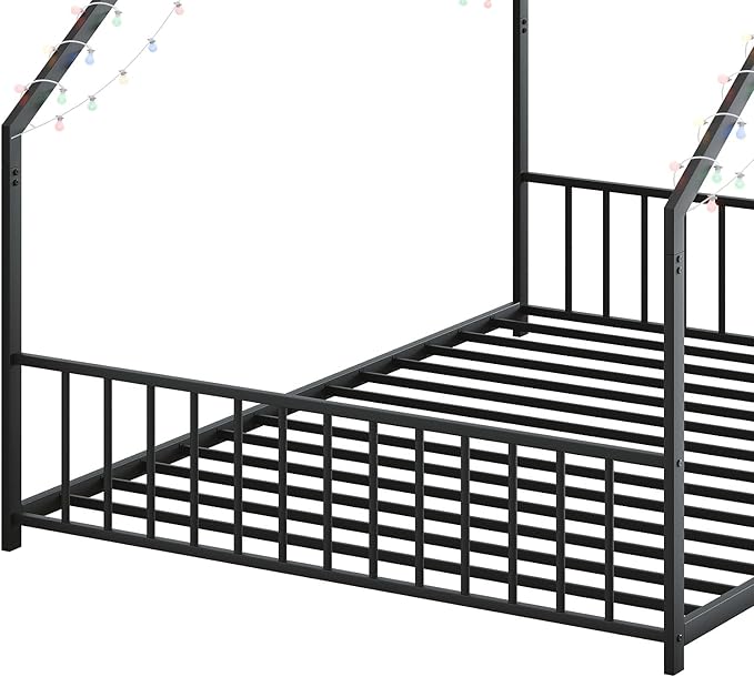 Bellemave Full Size Montessori Floor Beds with Slats for Kids, Metal Full House Bed for Kids, Black with Slats and Lights
