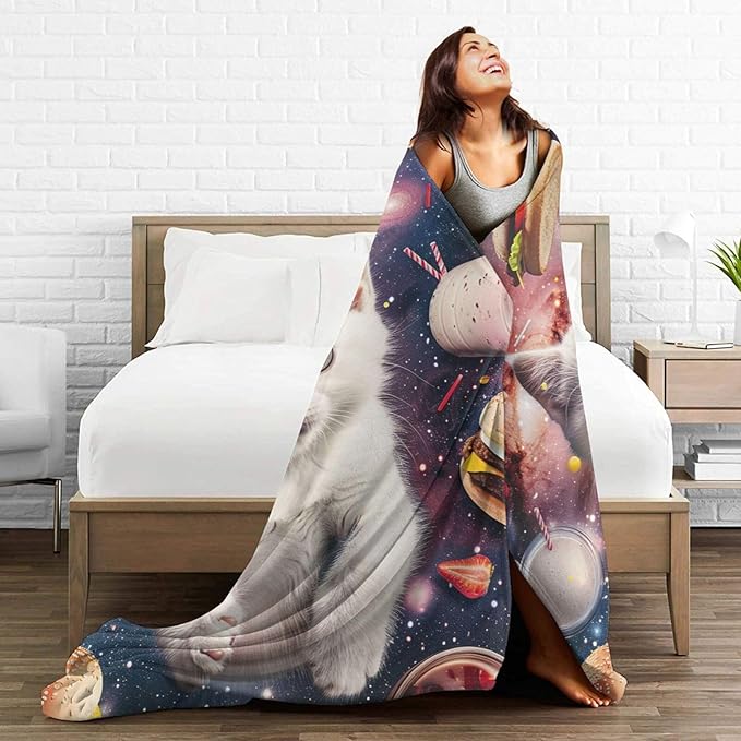 Cat Blanket Space Galaxy Throw Blanket Pizza Burger Flannel Stuff Animals Merch Cozy Decor Fleece Plush Fuzzy Warm Soft Lightweight Bedding Cats Lover Gifts for Men Women Girl Boy Couch 60"X50"
