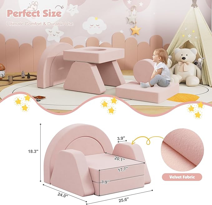 7 PCS Modular Kids Play Block Couch Child Sectional Sofa Toddler Building Fortplay Bedroom Playroom Baby Convertible Floor Foam Cushion for Boys & Girls (Pink-Single)
