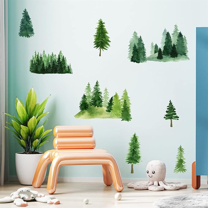 Watercolor Pine Tree Wall Decals Green Pine Tree Wall Sticker Large Tree Wall Decals Nature Woodland Forest Tree Wall Stickers for Nursery Bedroom Living Room Decor
