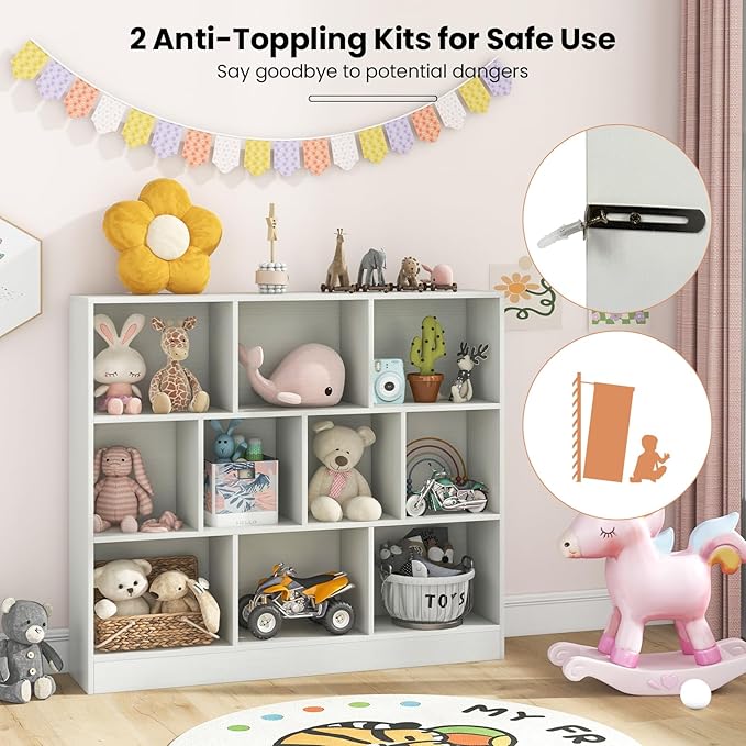 Costzon 10-Cube Bookshelf for Kids, Wooden Toy Storage Organizer w/ 2 Anti-Toppling Kits, 3 Tier Open Shelves & Non-Slip Foot Pads, Montessori Toy Shelf for Kids Rooms, Playroom, Classroom, Nursery