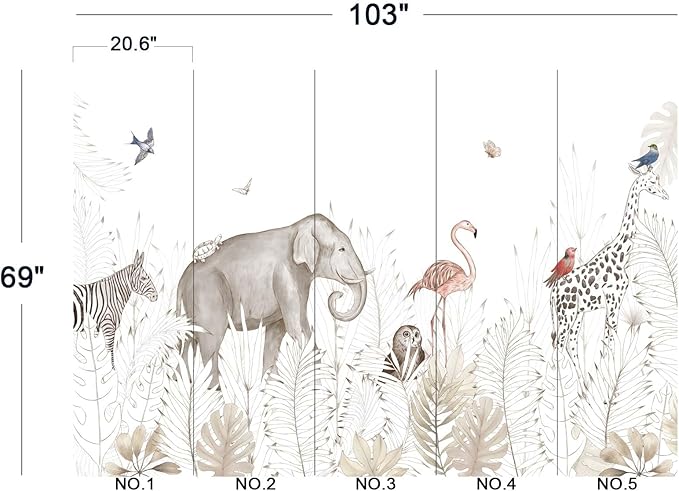 Elephant Zebra Animal Nursery Wallpaper Wall Mural 103" x 69"
