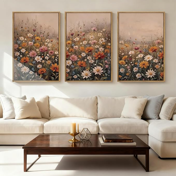 IARTTOP Extra Large Botanical Brown Framed Wall Art 24x36 Inch Set of 3 Vintage wildflower Art Prints Calming Nature Floral Landscape Wall Decor for Living Room Dining room Bedroom