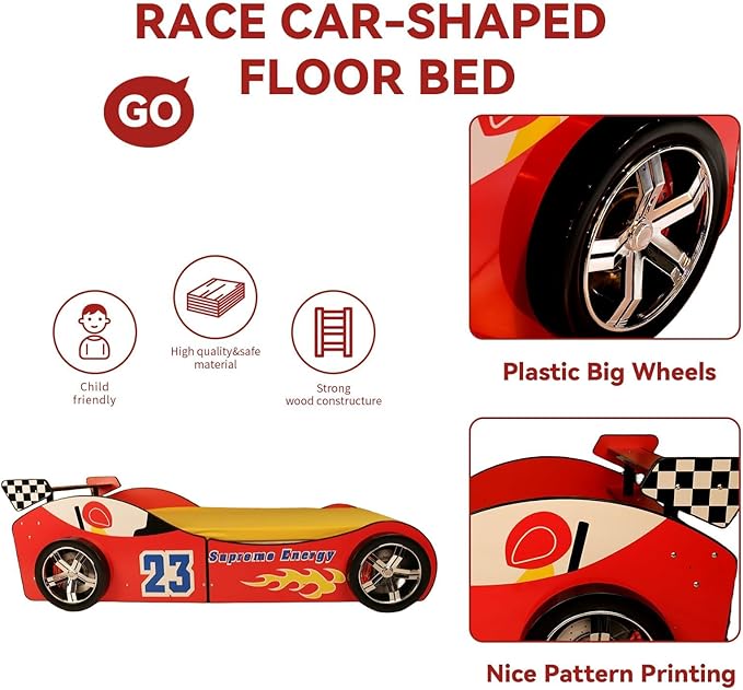 Race Car Twin Bed Frames for Kids, Wood Car-Shaped Bed Frame with LED Lights & Slat Support for Toddler, Boys or Girls (Race Car-Red)