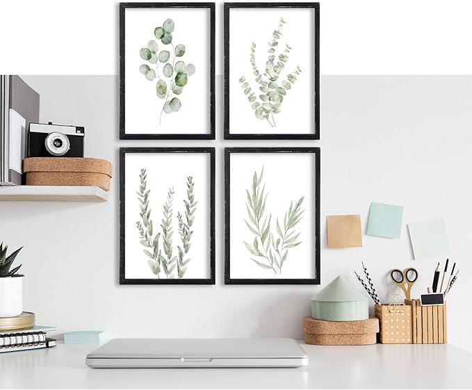 Botanical Wall Decor Sign 16x11 Inch Set of 4 Sage Green Plants Wood Framed For Bathroom Modren Bedroom Aesthetic Watercolor Laundry Room Art Wall Hanging (Black)