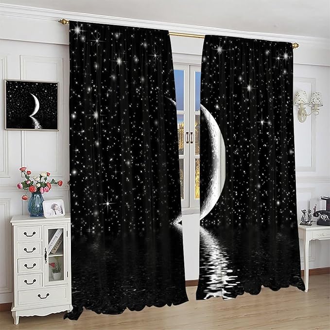 Night Starry Sky Curtain, Black Moon Phase Cloud Stars White New Moon Sparkly Shiny Galaxy Space Lake Fantasy Window Curtains for Kids Boys Girls Room Bedroom Living Room 63" W X 63" L