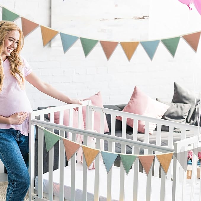 Oudain 15.5 ft Pennant Banner Flags, 2 Pcs Nursery Garland Triangle Bunting Flag Baby Banner for Nursery Decor Baby Birthday Boho Wedding Shower Party Event, Each 7.75 ft(Warm Color)