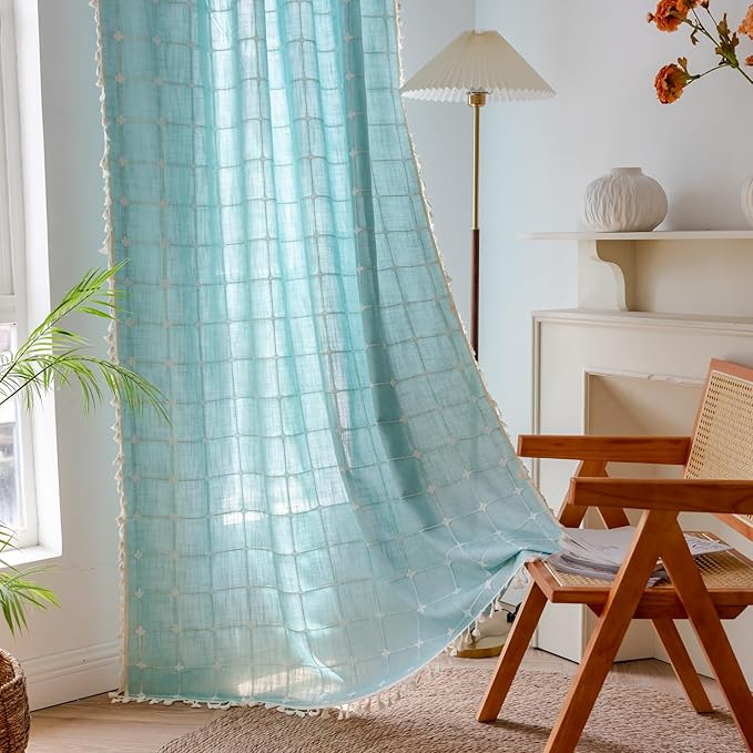 Deeprove Green Boho Curtains 96 Inches Long for Bedroom Nursery Room, Cotton Linen Lattice Plaids Embroidery Semi Blackout Bohemian Window Treatment Grids Drape Tassels, 1 Panel W52 x L96, Aqua