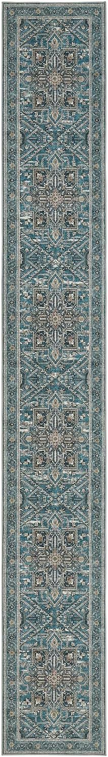WITSHOCK Extra Long Runner Rug for Hallway 2x15: Washable Vintage Boho Low Pile Stain Resistant Foldable Carpet for Bedroom Entryway Indoor Entrance, Neutral Distressed Farmhouse Home Decor, Teal