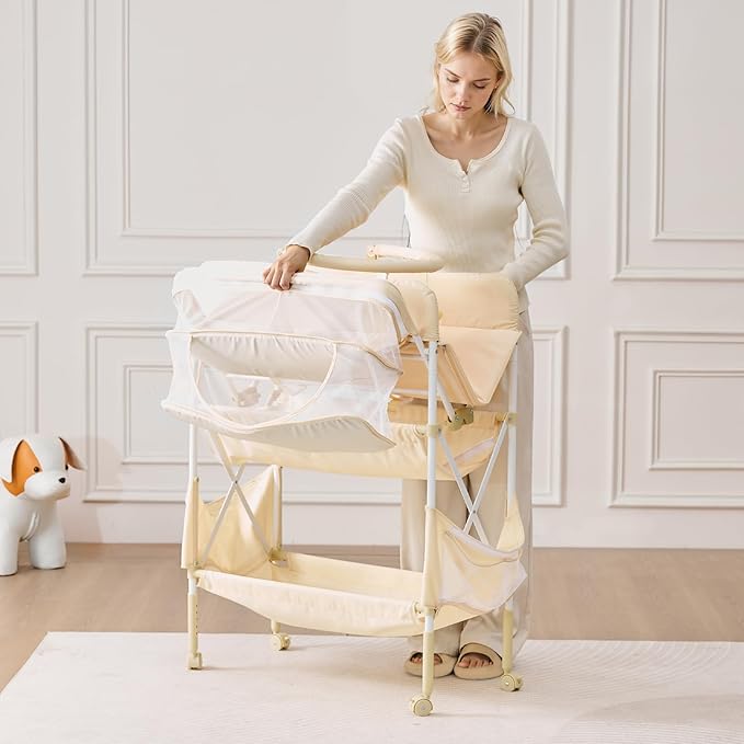 VEVOR Baby Changing Table, Adjustable Height Diaper Change Station with 2 Fabric Drawers, Side Basket and Hanging Rod, Foldable Changing Table with Lockable Wheels and 2 Star Toys, Light Beige