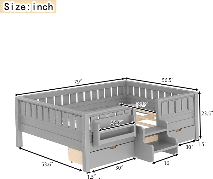 Bellemave Full Size Bed with Slats and Stairs, Full Size Platform Bed Frame with Fence, Bookshelf and Storage Drawers, Easy Assemble Beds for Kids, Girls, Boys, Gray