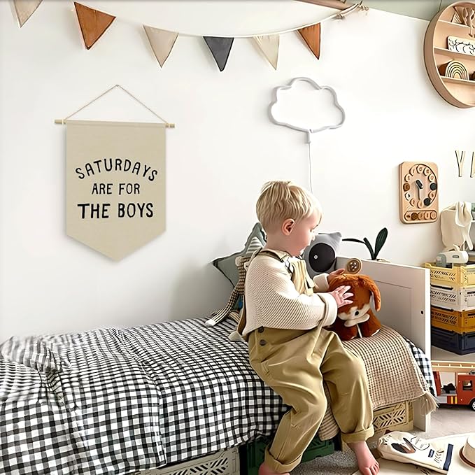Saturdays Pennant Flag Banner, Boys Room Wall Hanging Decor for Playroom