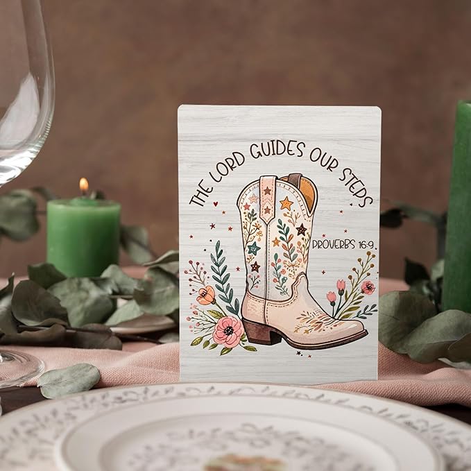 Western Christian Sign, Proverbs 16:9 Bible Verse Floral Cowgirl Boot Wooden Stand Sign 5x7 Inch, Western Religious Decorations for Girls Bedroom Dorm Home Church Desk Table Decor